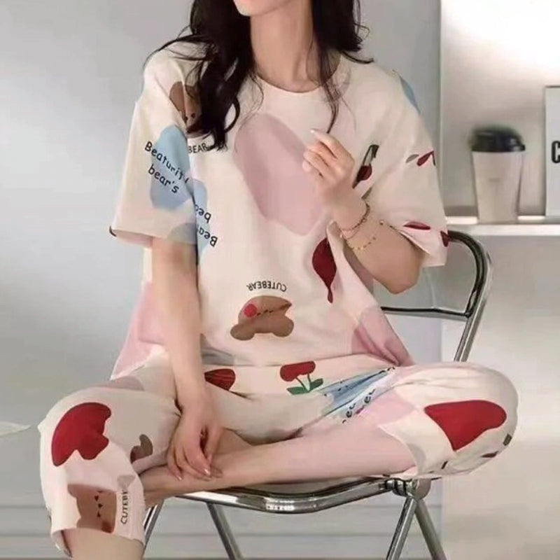 Minimalist Summer 2 Pcs Women 's Short  Sleeve Sleep Set | Color: Light Pink | Image 1
