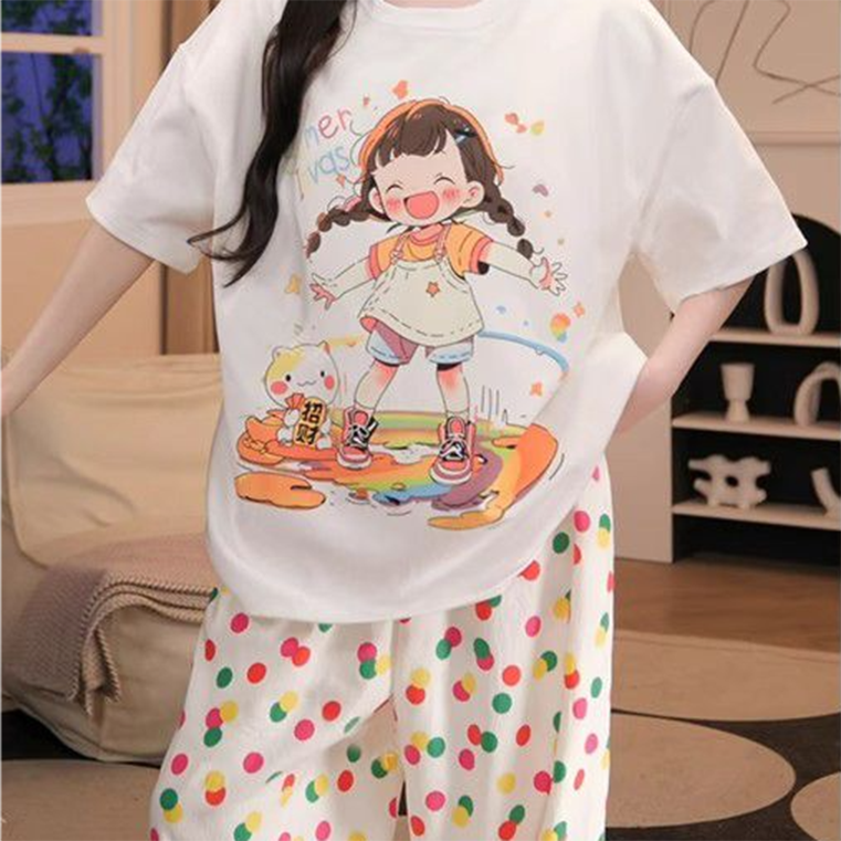 Sweet Feminine Summer 2 Pcs Women 's Short  Sleeve Sleep Set | Color: Style 3 | Image 1