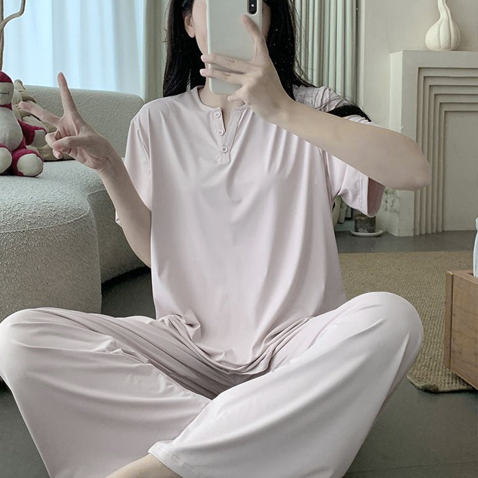 Minimalist Summer 2 Pcs Women 's Short  Sleeve Sleep Set | Color: Style 3 | Image 1