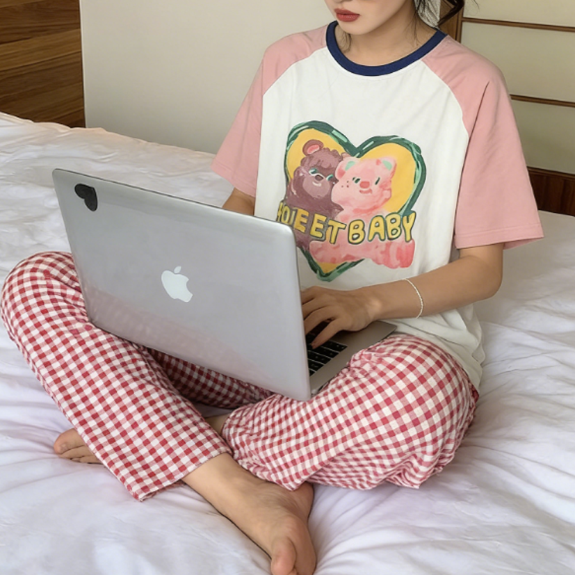 Sweet Feminine Summer 2 Pcs Women 's Short  Sleeve Sleep Set | Color: Style 2 | Image 1