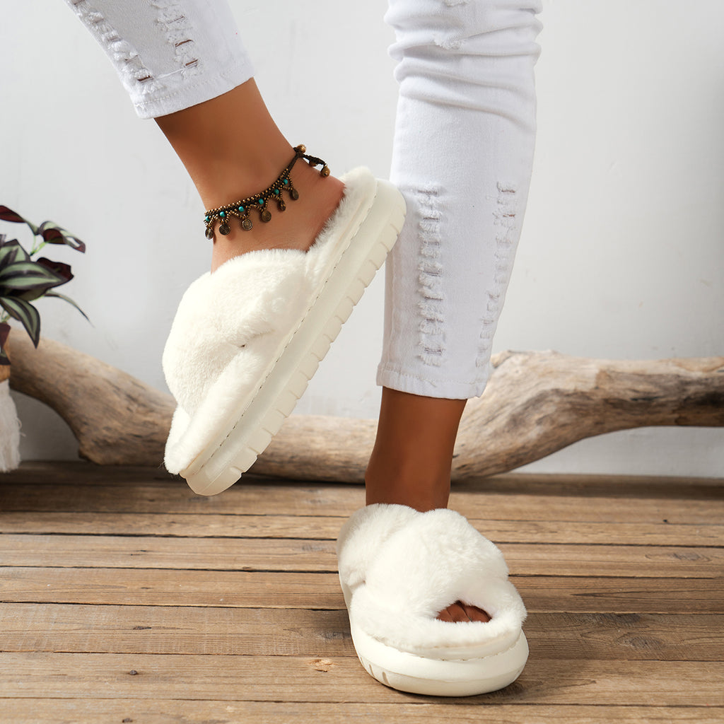 Modern Chic All-Season Velvet/Corduroy Women's Imitation Fur Slippers | Color: White | Image 1