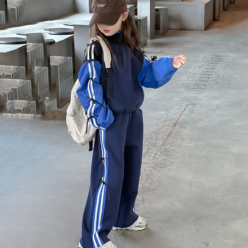 Modern Chic All-Season Casual Sporty Autumn 2-Piece Girls' Pants Suit, Ages 3-14 | Color: Blue | Image 3