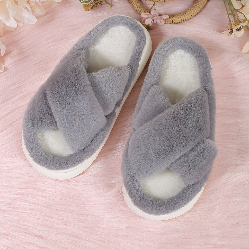 Modern Chic All-Season Velvet/Corduroy Women's Imitation Fur Slippers | Color: Grey | Image 2