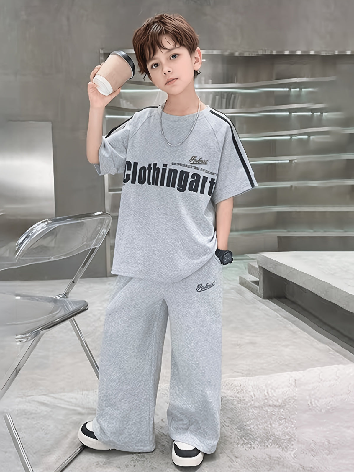 Modern Chic All-Season Casual Sporty Summer 2-Piece Boys' Pants Suit, Ages 4-14 | Color: Grey | Image 3