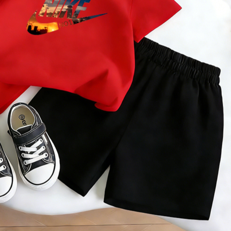 Modern Chic All-Season Casual Sporty Summer 2-Piece Unisex Kids' Pants Suit, Ages 2-9 | Color: Red | Image 2