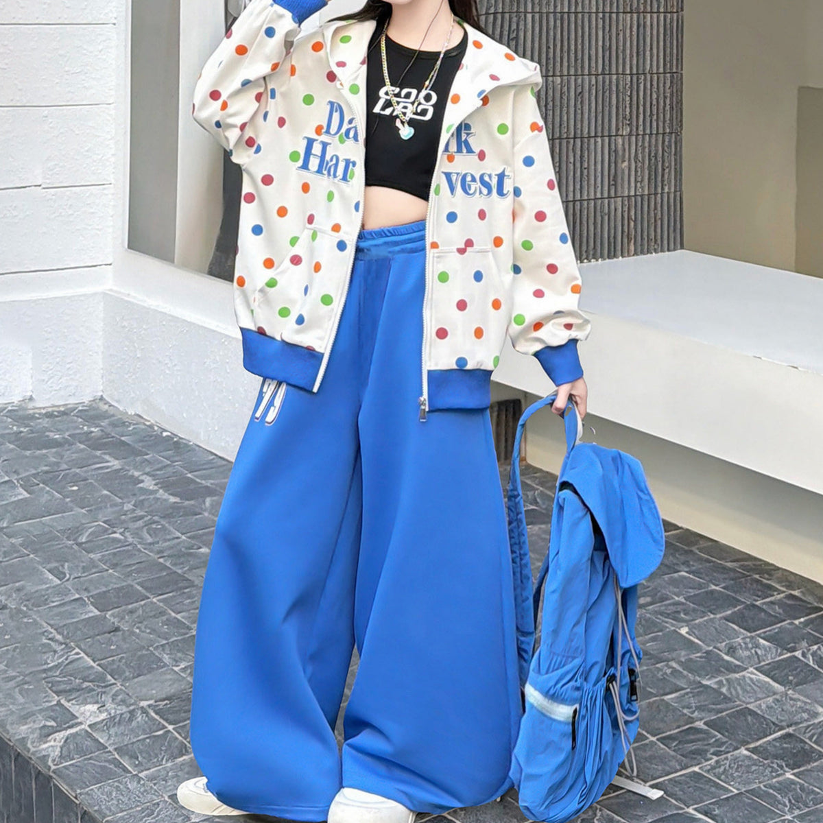 Modern Chic All-Season Minimalist Spring Girls' Pants Suit, Ages 4-14 | Color: Blue | Image 1