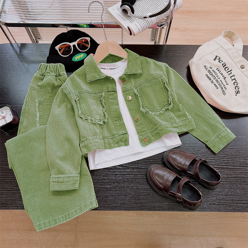 Trendy Autumn 2-Piece Girls' Pants Suit, Ages 3-13 | Color: Green | Image 1