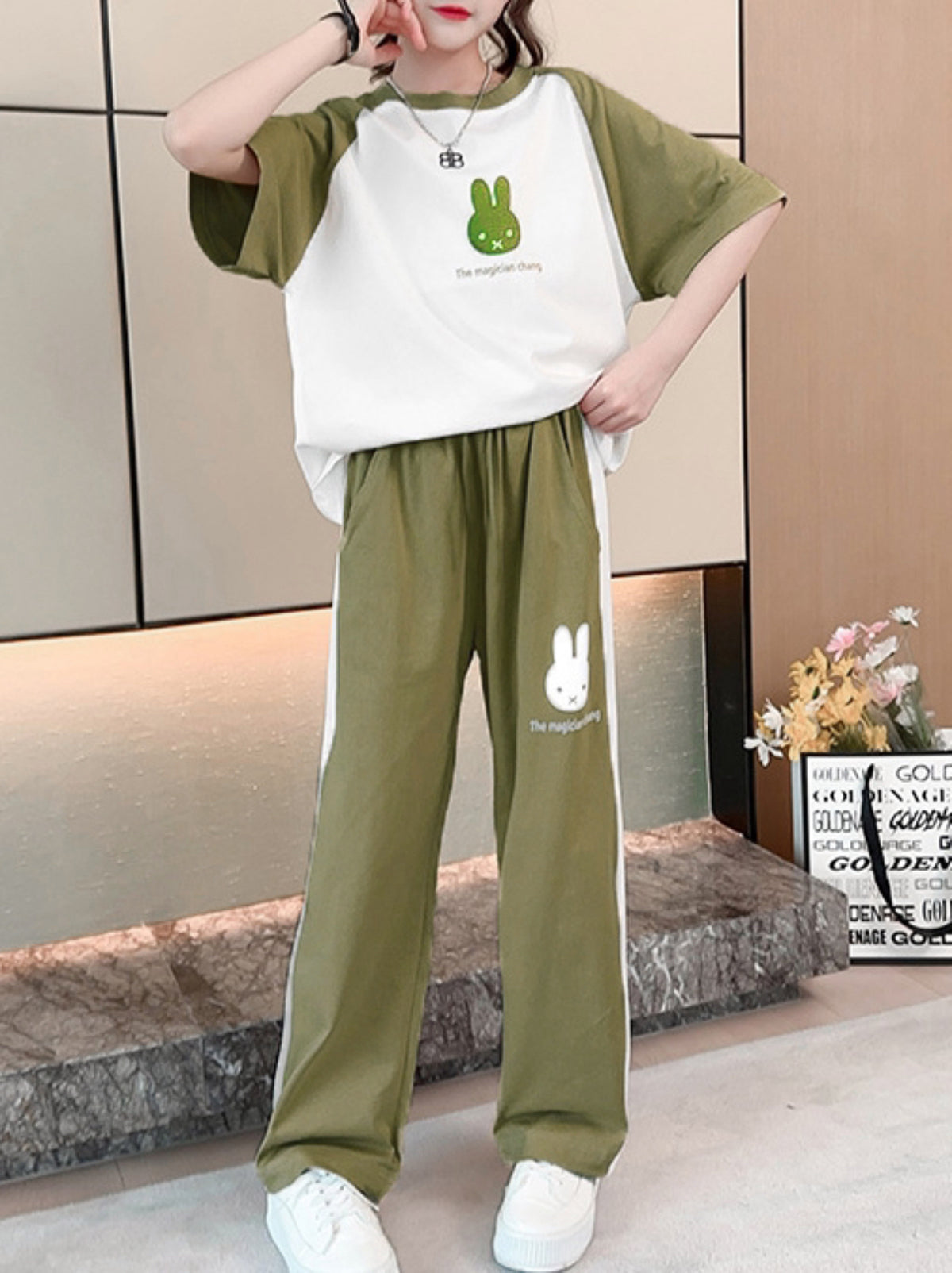 Minimalist Summer 2-Piece Girls' Pants Suit, Ages 4-14 | Color: Khaki | Image 1
