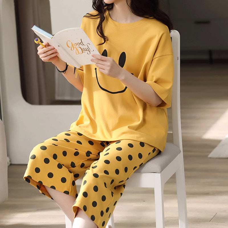 Modern Chic All-Season Minimalist Summer 2 Pcs Women 's Short  Sleeve Sleep Set | Color: Yellow | Image 3