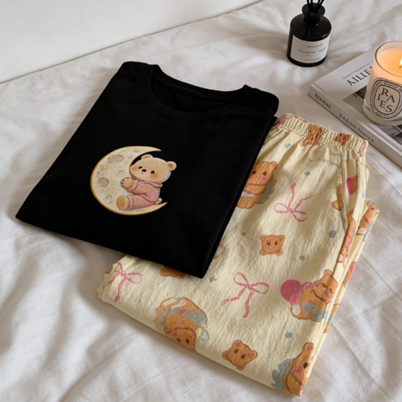 Sweet Feminine Summer 2 Pcs Women 's Short  Sleeve Sleep Set | Color: Style 2 | Image 1