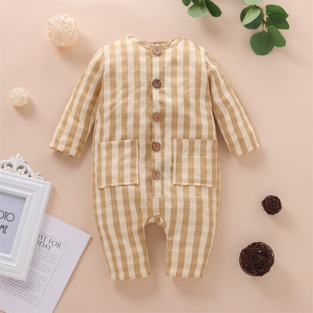 Minimalist Autumn Unisex Baby Jumpsuit, Ages 0-12 Months | Color: Khaki | Image 1
