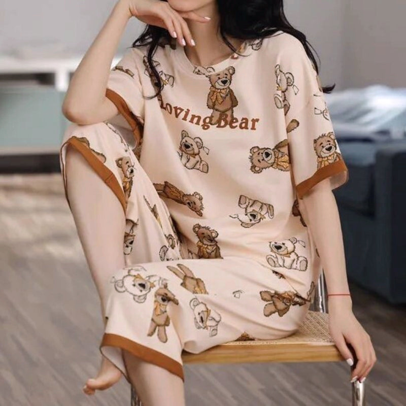 Modern Chic All-Season Minimalist Summer 2 Pcs Women 's Short  Sleeve Sleep Set | Color: Light Nude | Image 1