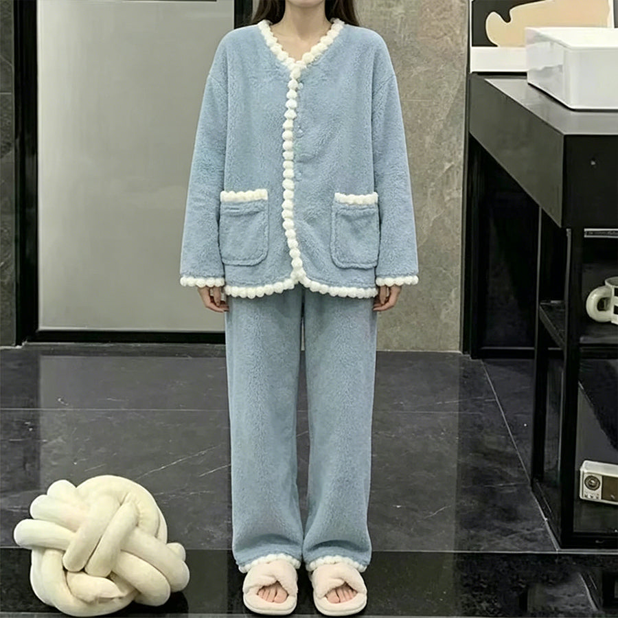 Minimalist Winter Women 's Long Sleeve Sleep Set | Color: Light Blue | Image 2