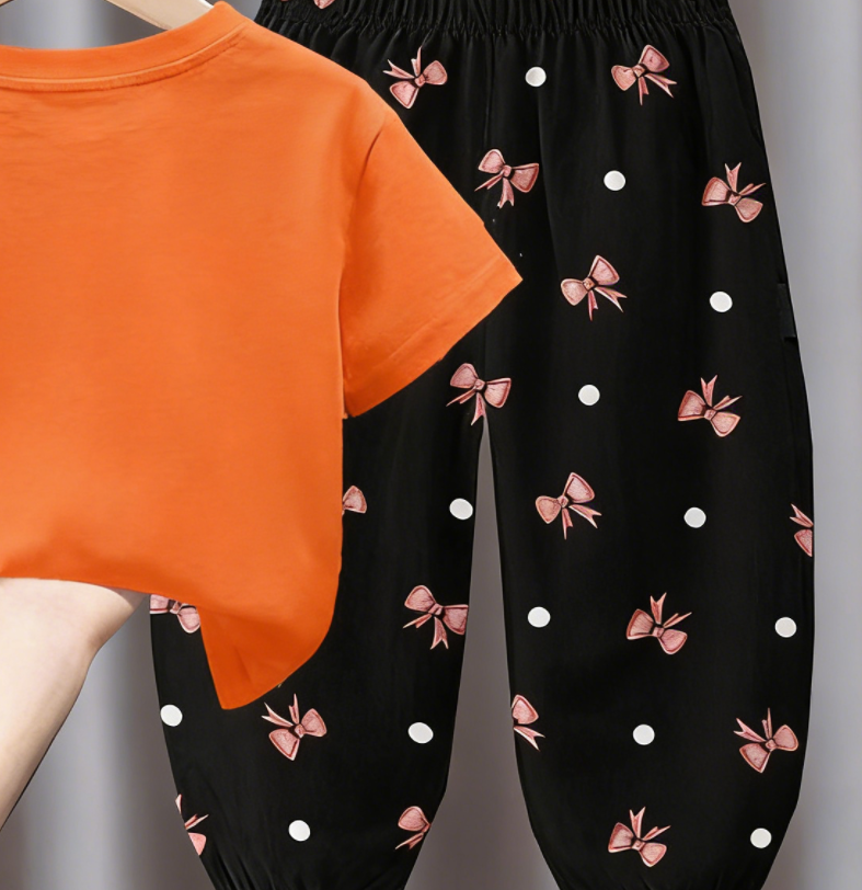 Minimalist Summer 2-Piece Unisex Kids' Pants Suit, Ages 2-7 | Color: Orange | Image 2