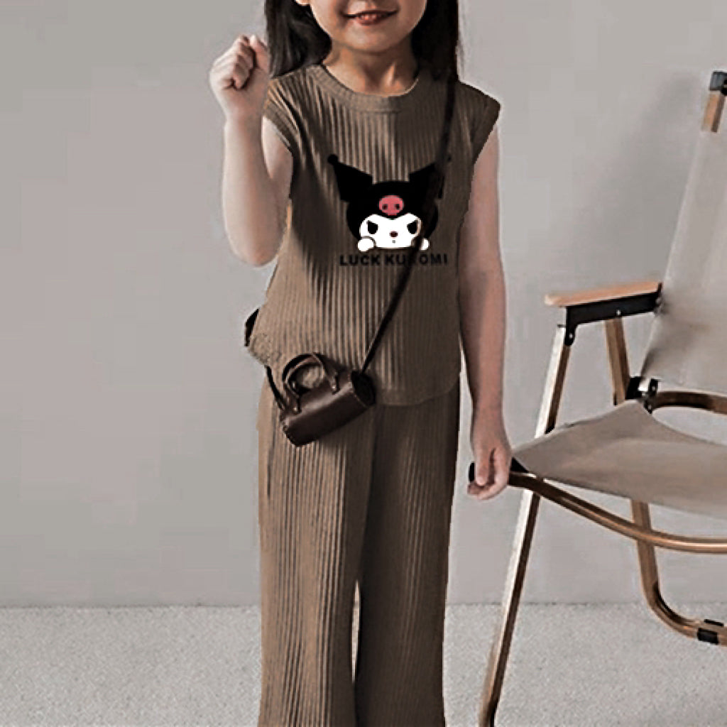 Modern Chic All-Season Minimalist Summer 2-Piece Girls' Pants Suit, Ages 2-9 | Color: Coffee | Image 1