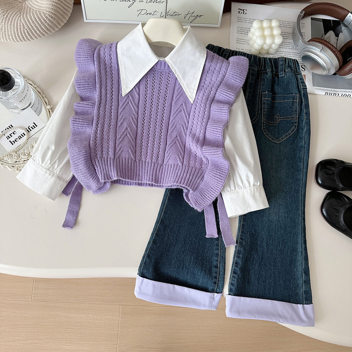 Sweet & Cute Autumn 3-Piece Girls' Pants Suit, Ages 2-9 | Color: Purple | Image 1