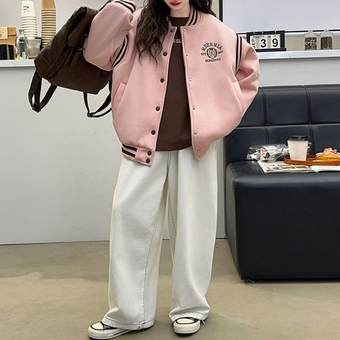 Modern Chic All-Season Casual Sporty Autumn Girls' Baseball Jacket, Ages 4-14 | Color: Pink | Image 3