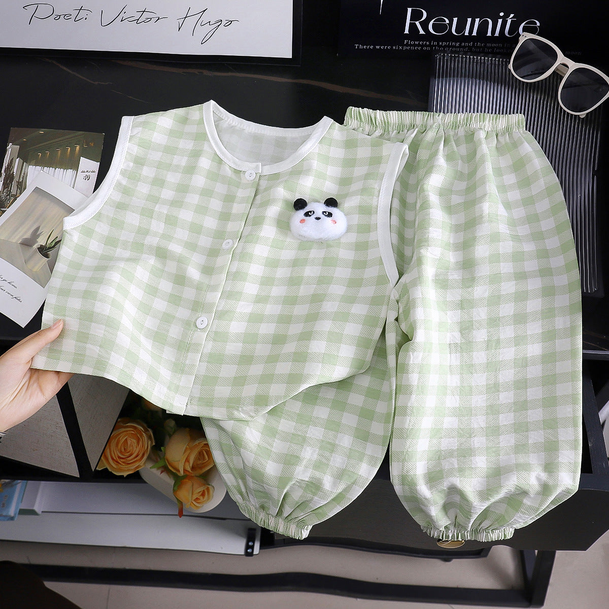 Minimalist Summer 2-Piece Unisex Kids' Pants Suit, Ages 2-9 | Color: Green | Image 1