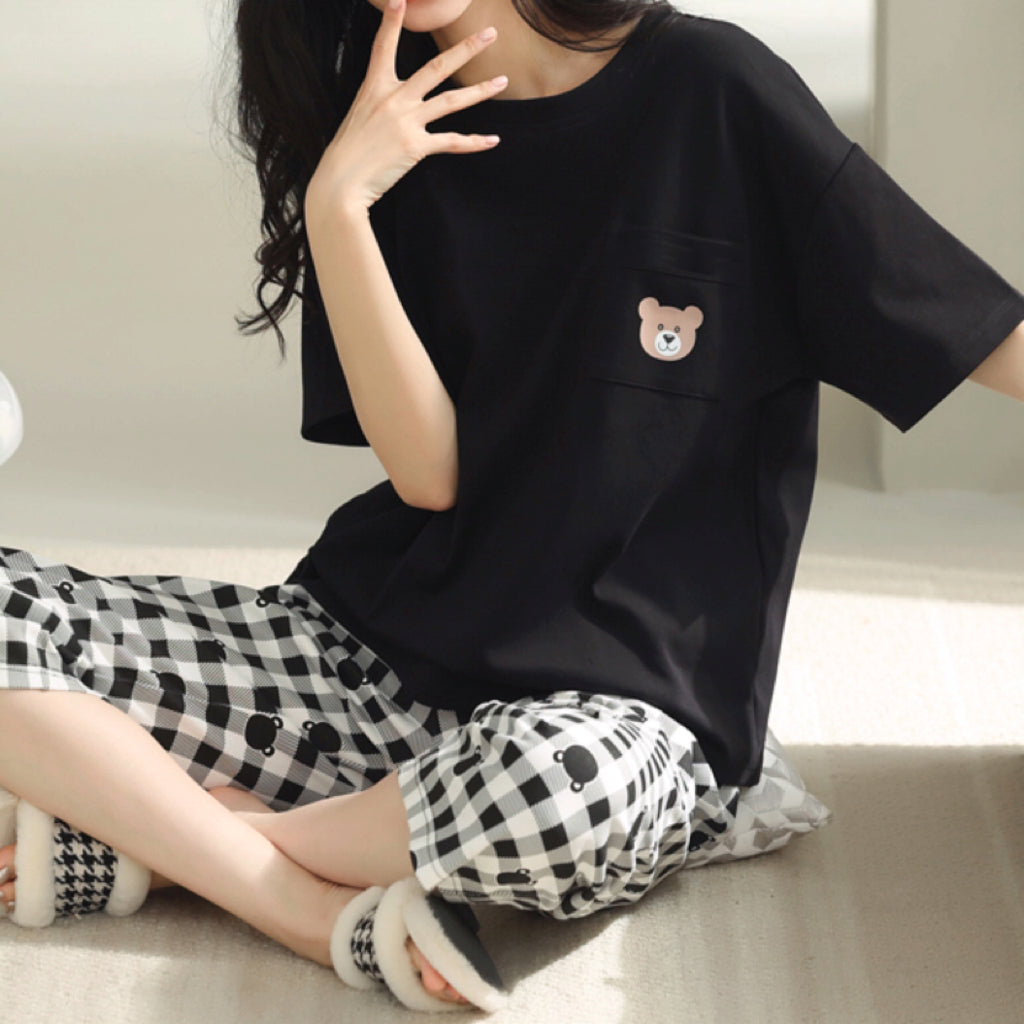Modern Chic All-Season Minimalist Summer 2 Pcs Women 's Short  Sleeve Sleep Set | Color: Black | Image 1