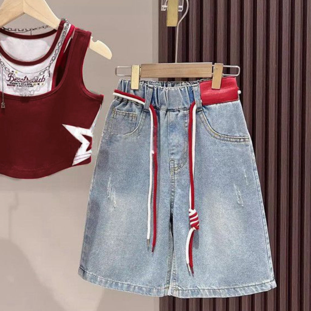 Trendy Summer 2-Piece Girls' Pants Suit, Ages 2-7 | Color: Red | Image 3