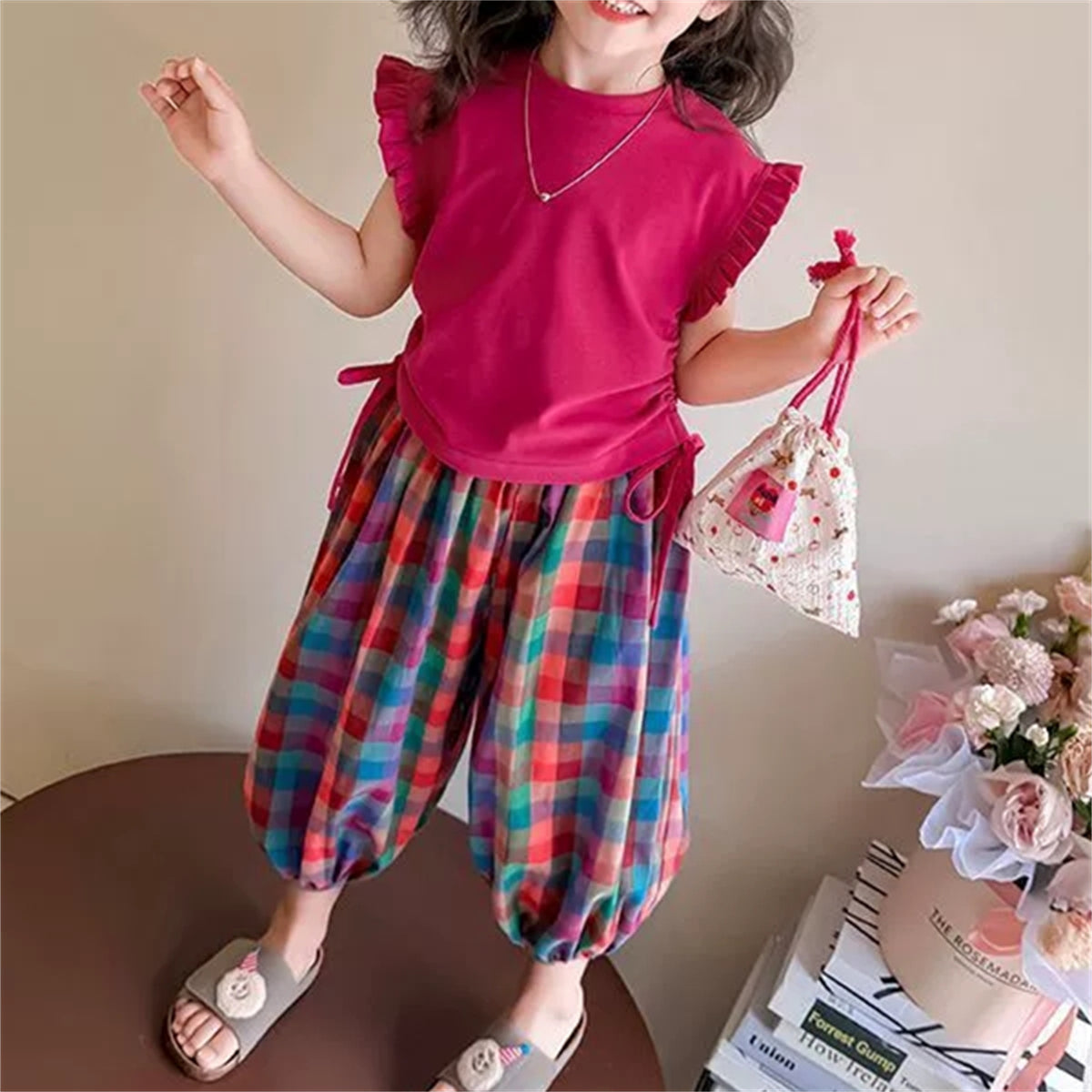 Sweet & Cute Summer 2-Piece Girls' Pants Suit, Ages 2-9 | Color: Rose | Image 3