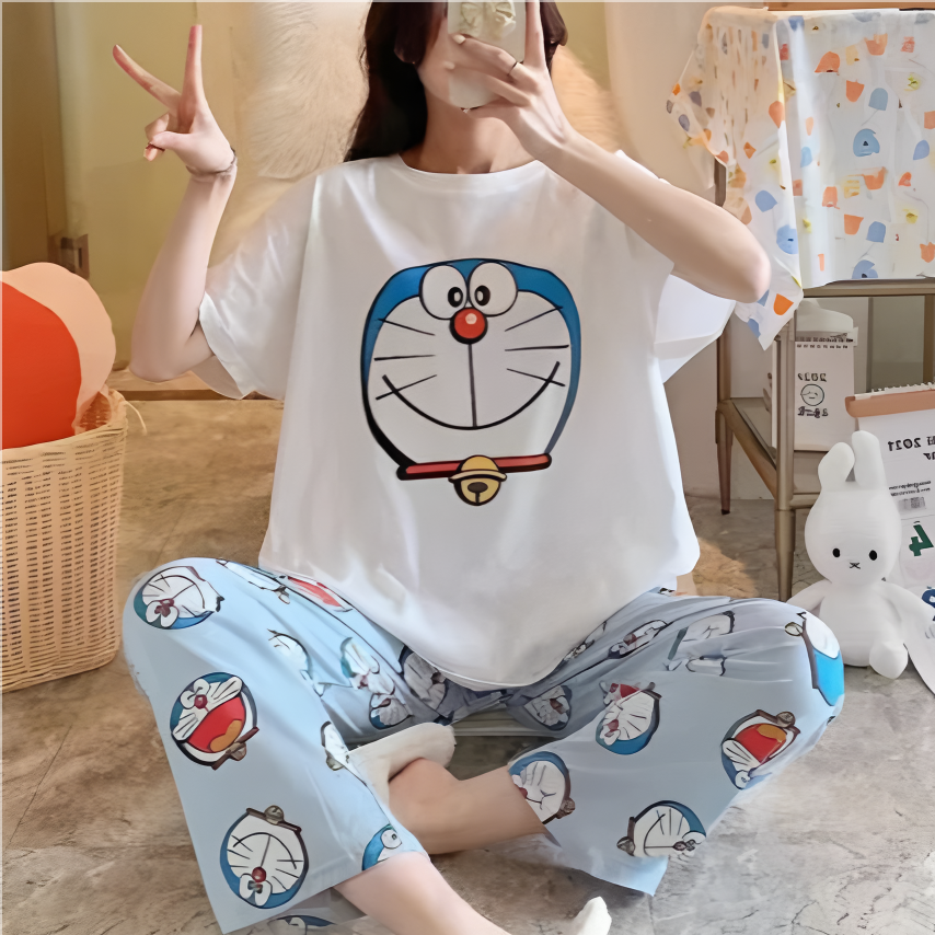 Modern Chic All-Season Sweet Feminine Summer 2 Pcs Women 's Short  Sleeve Sleep Set | Color: Style 3 | Image 1