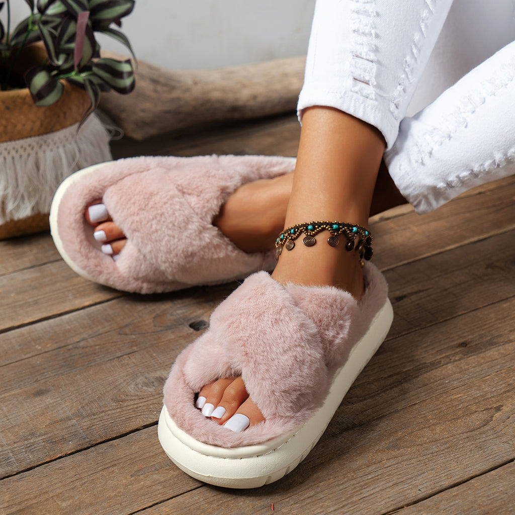 Modern Chic All-Season Velvet/Corduroy Women's Imitation Fur Slippers | Color: Pink | Image 2