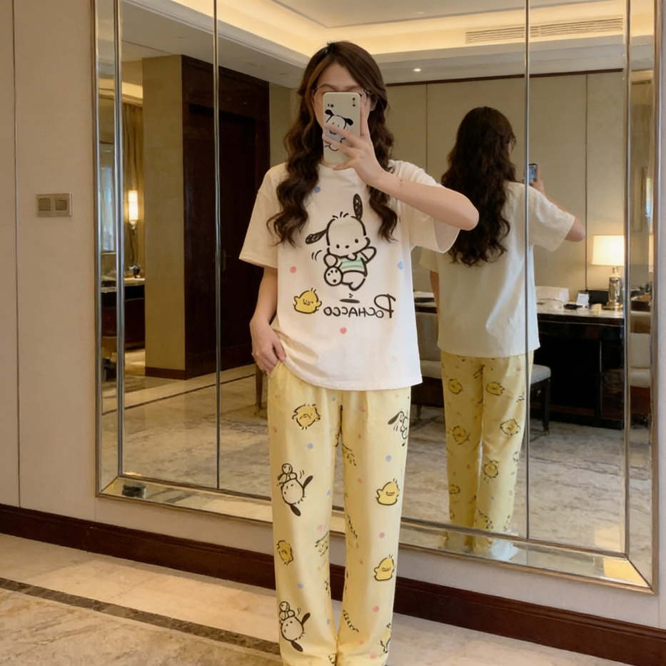 Sweet Feminine Summer 2 Pcs Women 's Short  Sleeve Sleep Set | Color: Style 3 | Image 1
