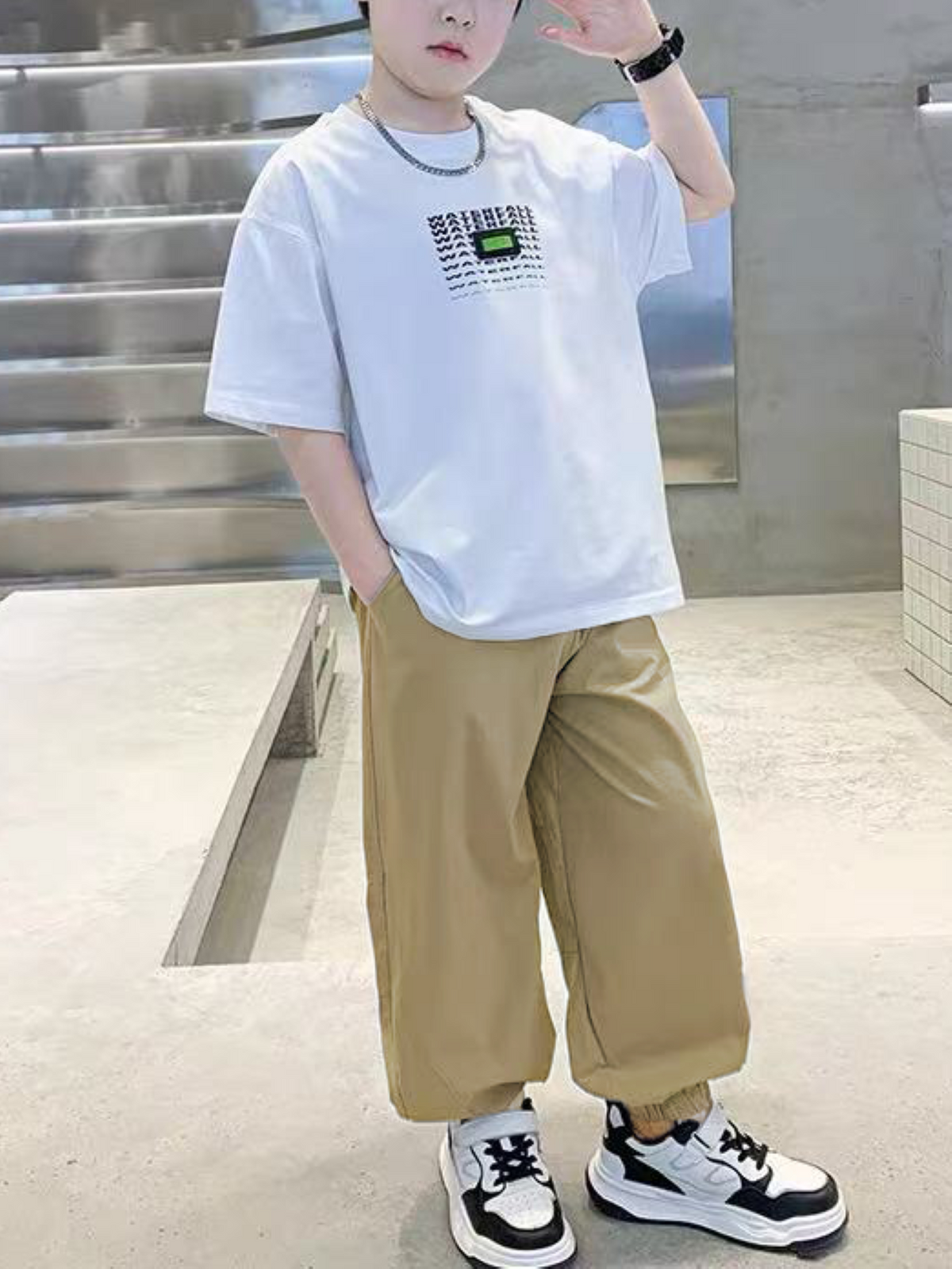 Minimalist Summer 2-Piece Boys' Pants Suit, Ages 4-14 | Color: White | Image 2