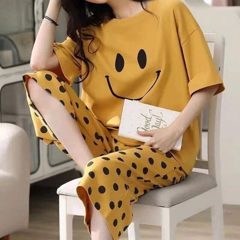 Modern Chic All-Season Minimalist Summer 2 Pcs Women 's Short  Sleeve Sleep Set | Color: Yellow | Image 1