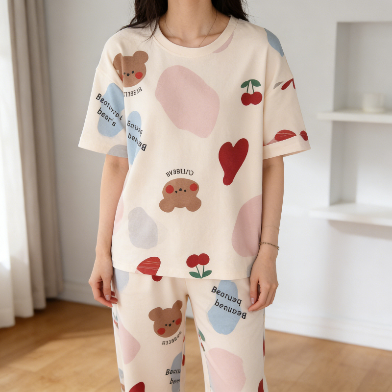 Minimalist Summer 2 Pcs Women 's Short  Sleeve Sleep Set | Color: Light Pink | Image 3