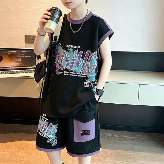 Casual Sporty Summer 2-Piece Boys' Pants Suit, Ages 4-14 | Color: Black | Image 3
