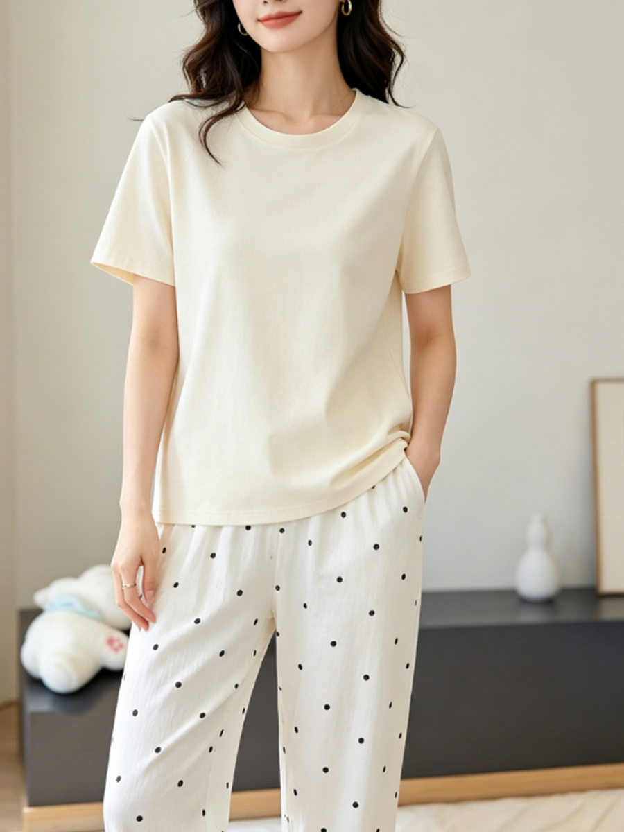 Minimalist Summer 2 Pcs Women 's Short  Sleeve Sleep Set | Color: Style 2 | Image 1