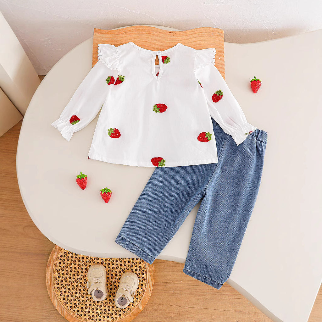 Sweet & Cute Autumn 2-Piece Baby Girls' Pants Suit, Ages 0-24 Months | Color: White&Blue | Image 3