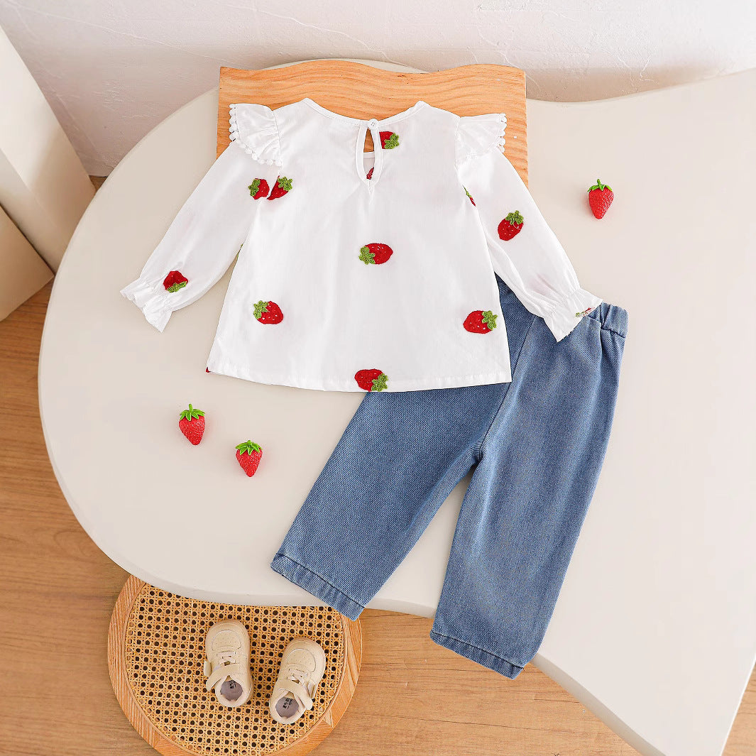 Sweet & Cute Autumn 2-Piece Baby Girls' Pants Suit, Ages 0-24 Months | Color: White&Blue | Image 3