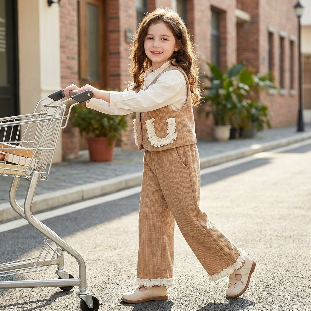 Sweet & Cute Autumn 3-Piece Girls' Pants Suit, Ages 2-9 | Color: Khaki | Image 2