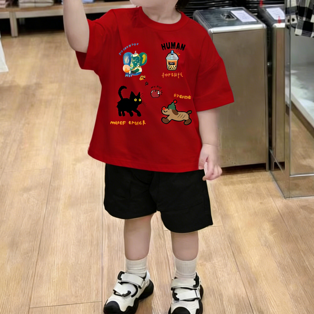 Modern Chic All-Season Minimalist Summer 2-Piece Unisex Kids' Pants Suit, Ages 2-9 | Color: Red | Image 1