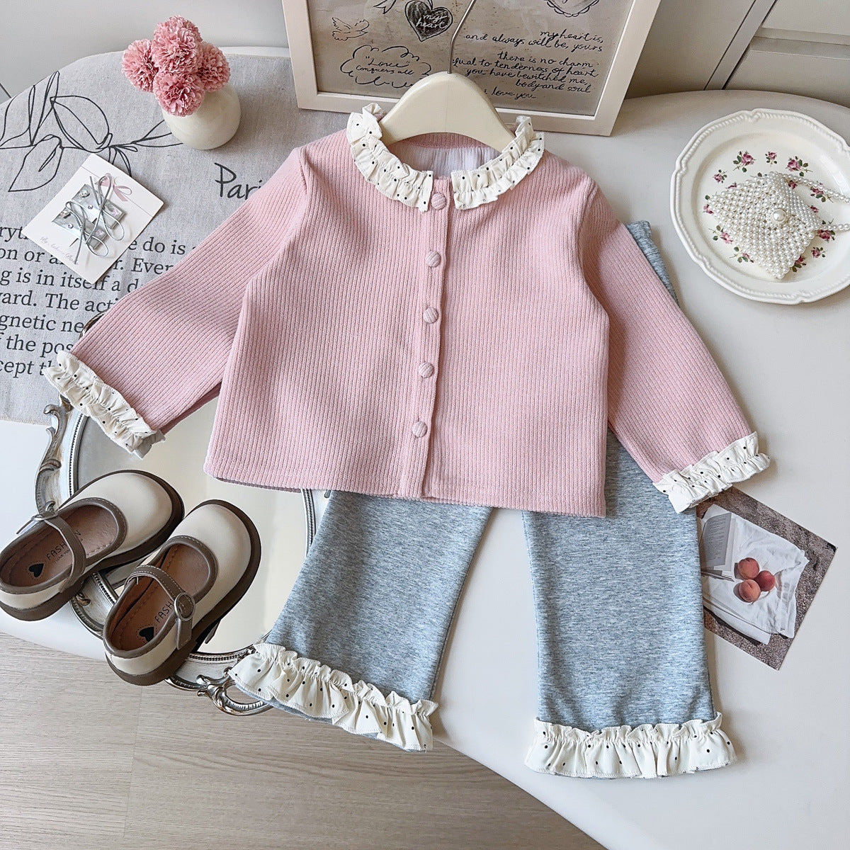 Sweet & Cute Autumn 2-Piece Girls' Pants Suit, Ages 2-9 | Color: Pink | Image 1