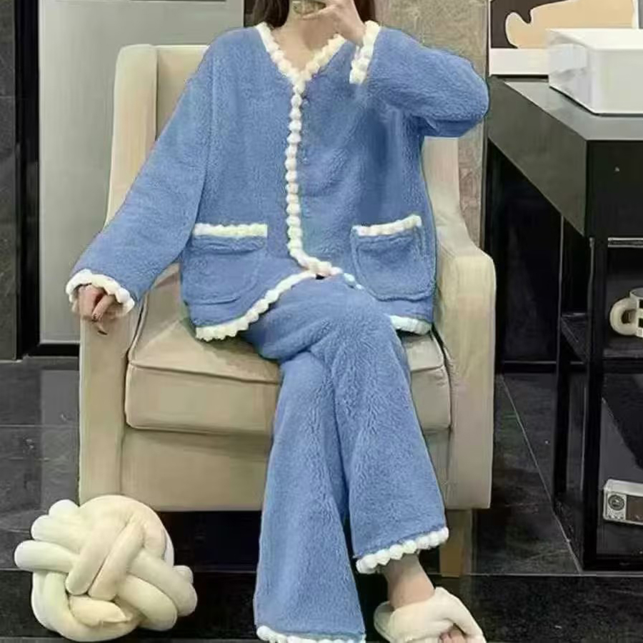 Minimalist Winter Women 's Long Sleeve Sleep Set | Color: Deep Blue | Image 1
