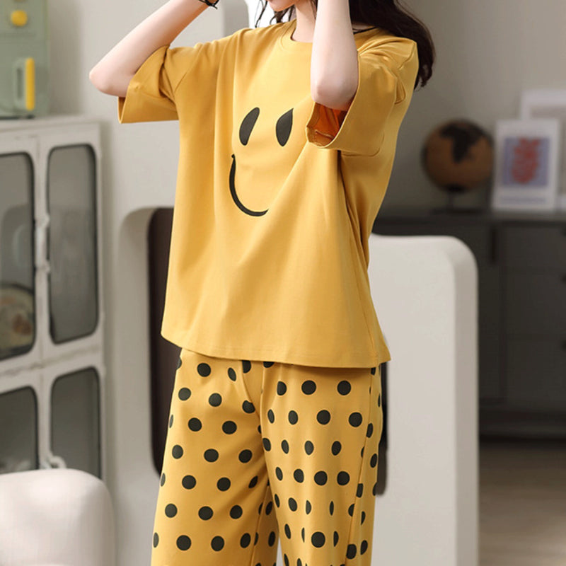 Modern Chic All-Season Minimalist Summer 2 Pcs Women 's Short  Sleeve Sleep Set | Color: Yellow | Image 2