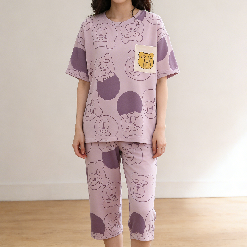 Minimalist Summer 2 Pcs Women 's Short  Sleeve Sleep Set | Color: Purple | Image 2
