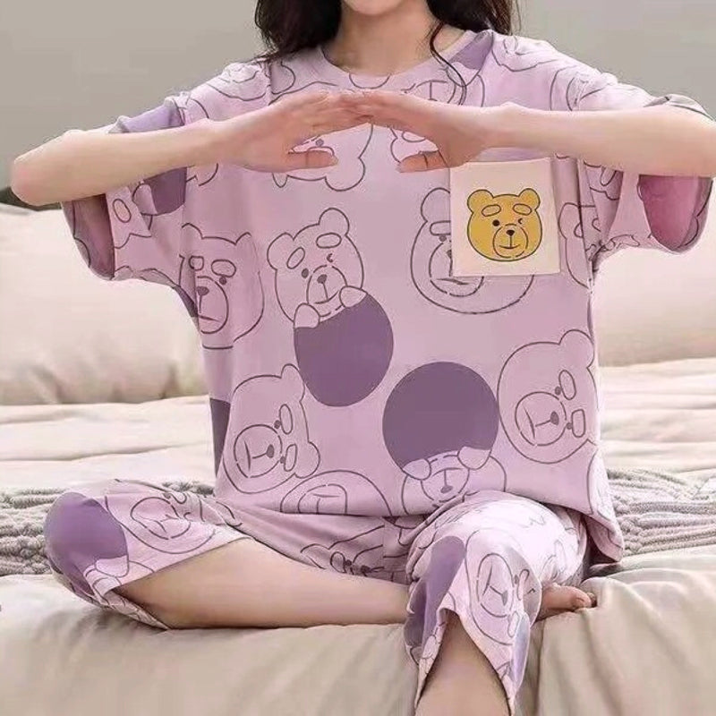 Minimalist Summer 2 Pcs Women 's Short  Sleeve Sleep Set | Color: Purple | Image 1