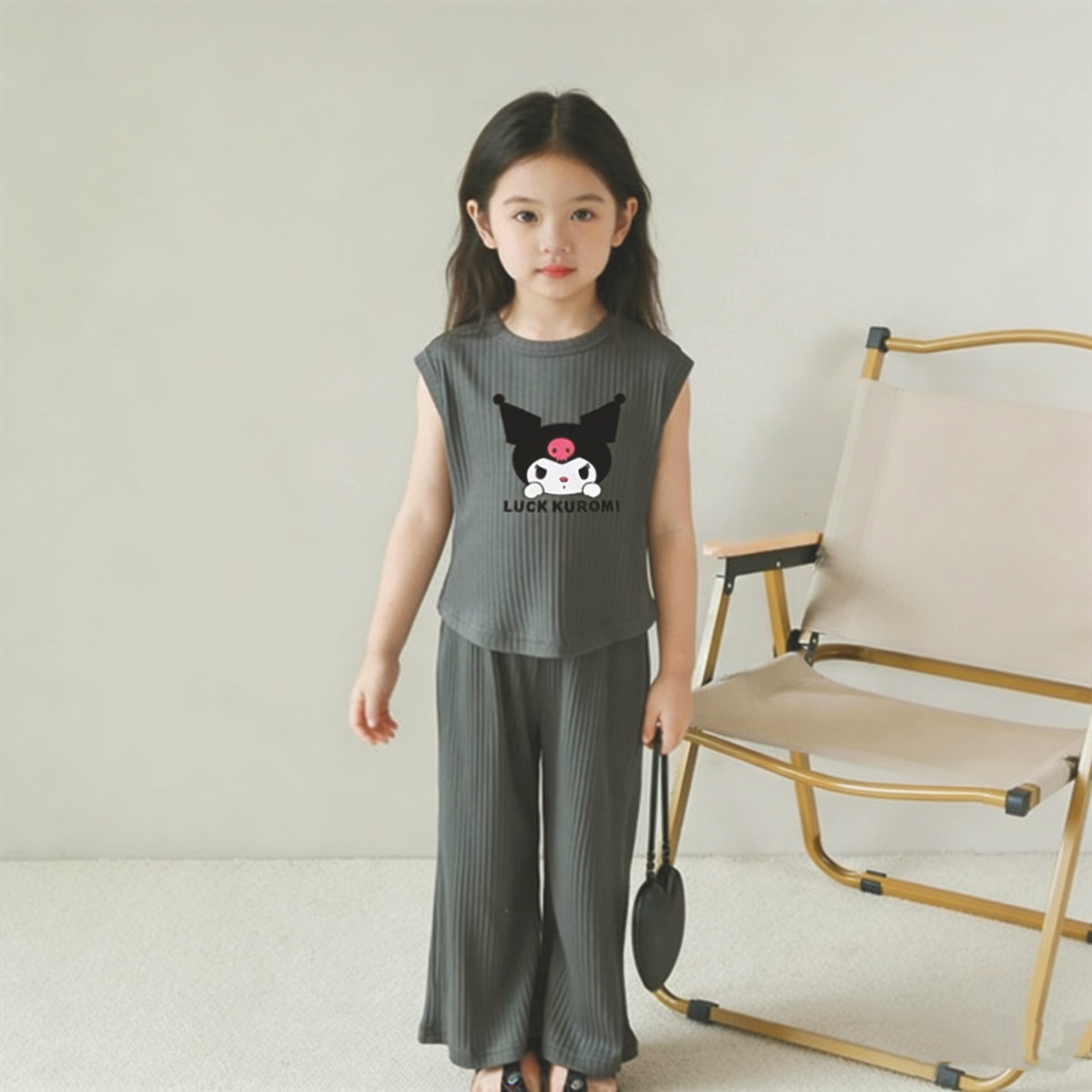 Modern Chic All-Season Minimalist Summer 2-Piece Girls' Pants Suit, Ages 2-9 | Color: Dark Grey | Image 1