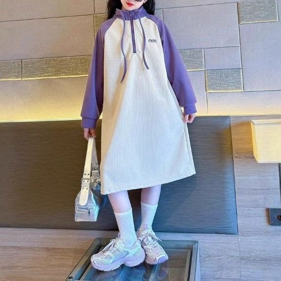 Modern Chic All-Season Minimalist Autumn Girls' Hoodie Dress, Ages 4-14 | Color: Purple | Image 1
