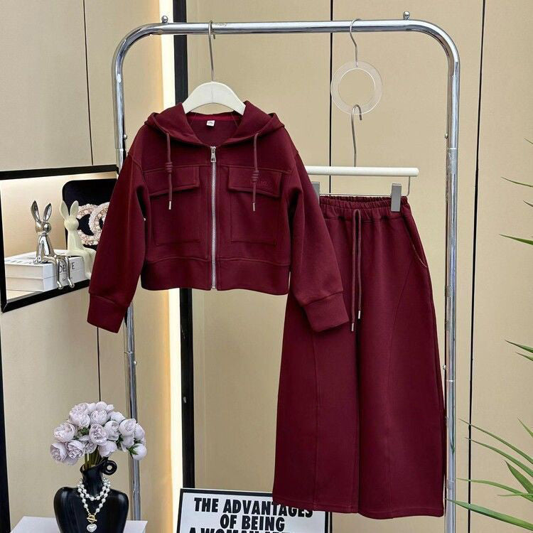 Casual Sporty Autumn 2-Piece Girls' Pants Suit, Ages 4-14 | Color: Red | Image 1
