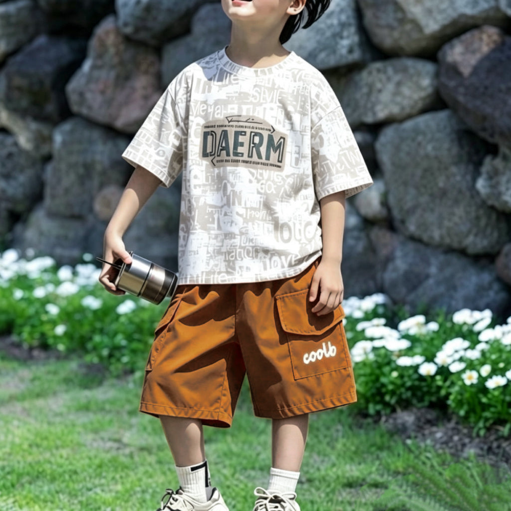 Casual Sporty Summer 2-Piece Boys' Pants Suit, Ages 2-14 | Color: Coffee | Image 1