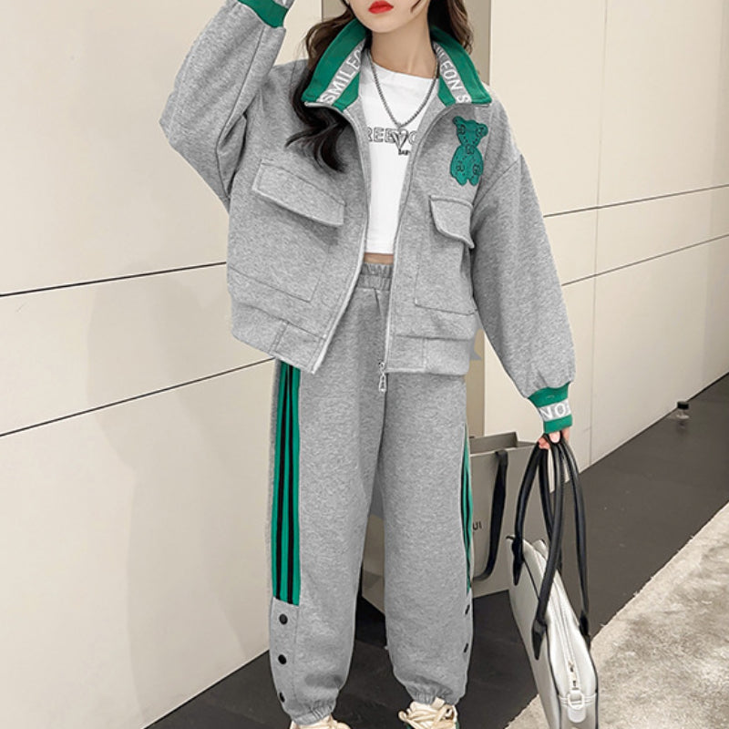 Casual Sporty Autumn 2-Piece Girls' Pants Suit, Ages 4-14 | Color: Grey | Image 1