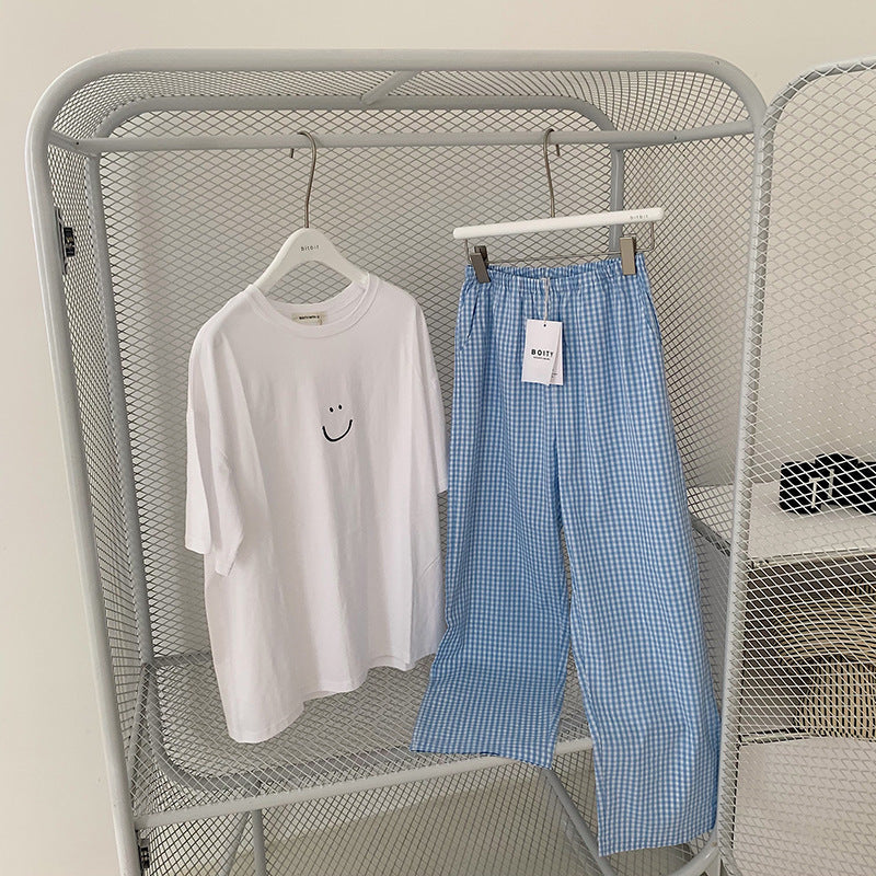 Modern Chic All-Season Minimalist Summer 2 Pcs Women 's Short  Sleeve Sleep Set | Color: Blue | Image 1
