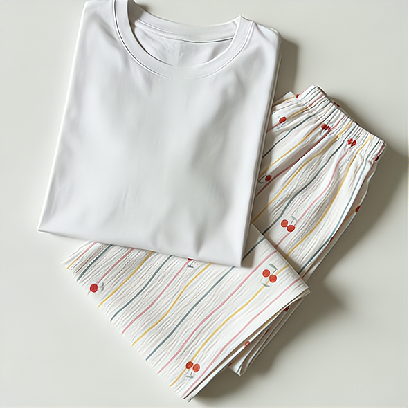 Sweet Feminine Summer 2 Pcs Women 's Short  Sleeve Sleep Set | Color: Style 1 | Image 1